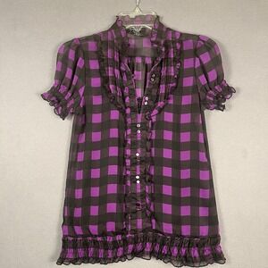 Y2K 2000s Womens S Sheer Stretchy Ruffle Purple Black Plaid Goth Grunge Punk